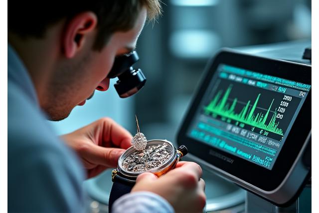 Un horloger assemblant délicatement un mouvement de montre avec des pincettes fines, le mettant à l'heure sur un banc de test.